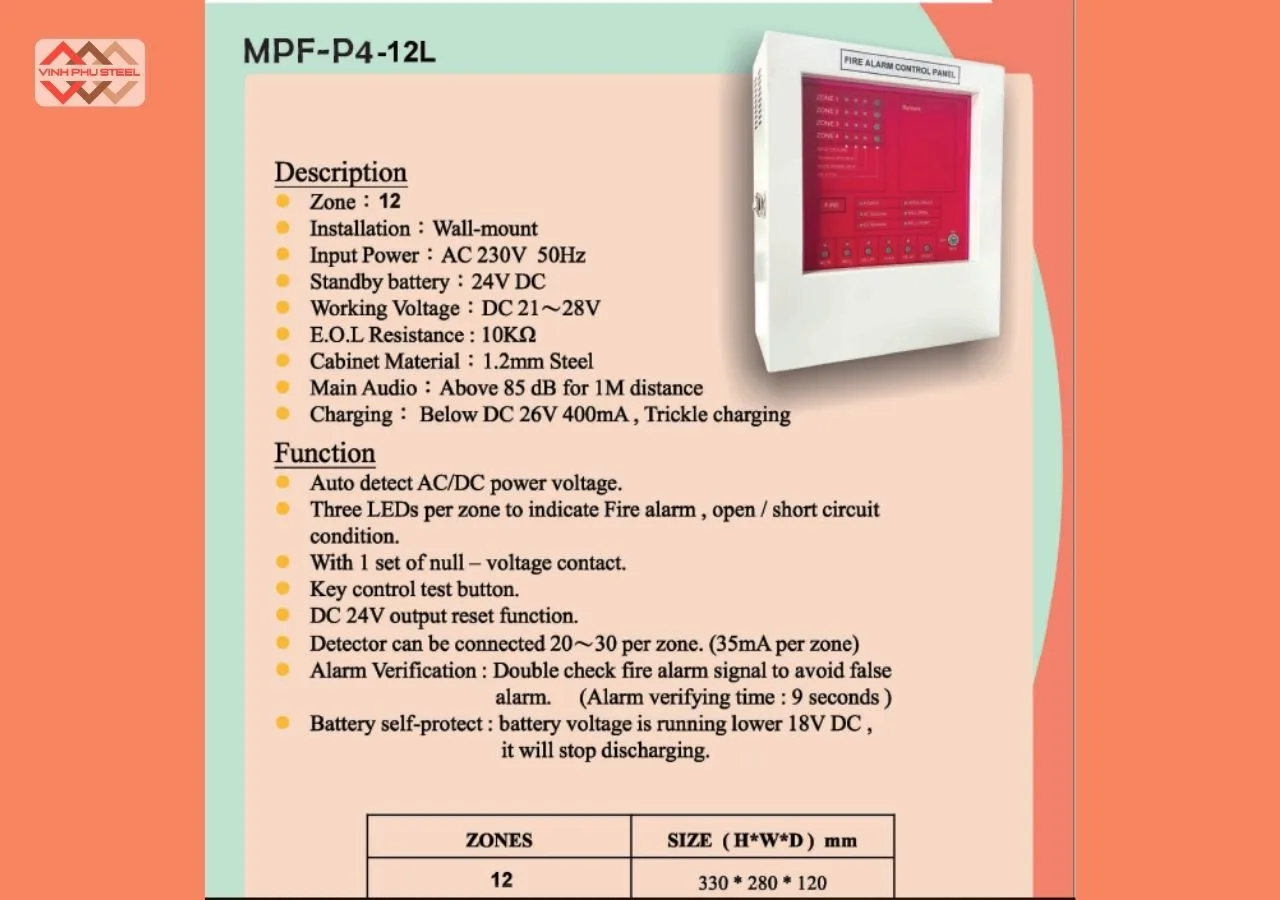 Thông số trung tâm báo cháy MPF-P4-12L