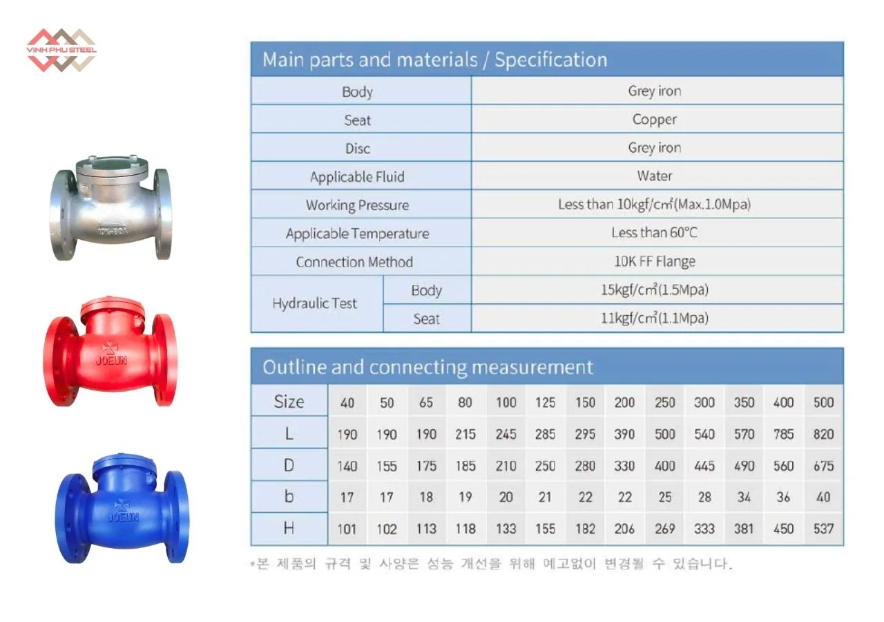 Thông Số Van 1 Chiều Lá Lật Joeun Korea