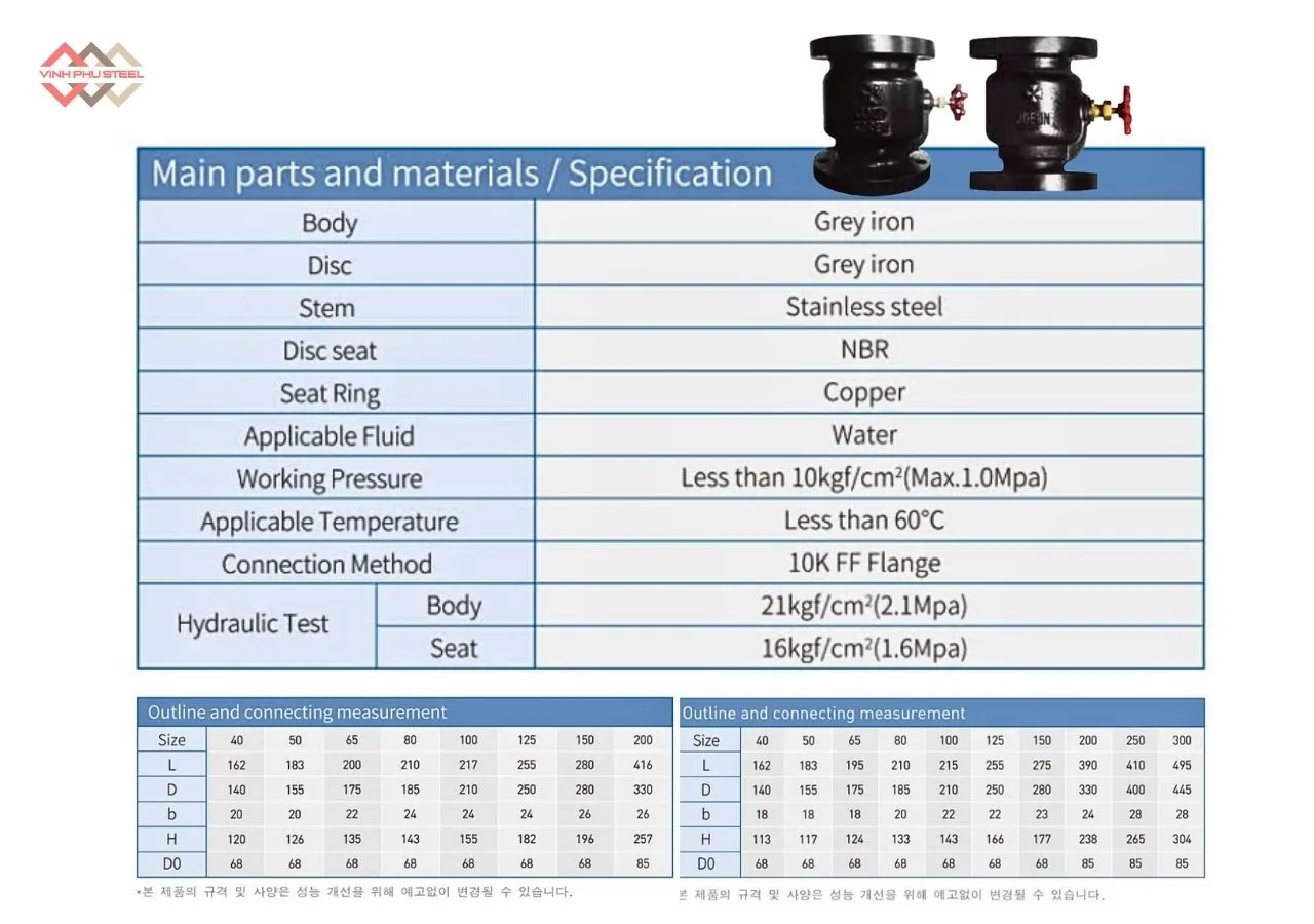 Thông Số Van Một Chiều Kiểu Nâng Joeun Korea