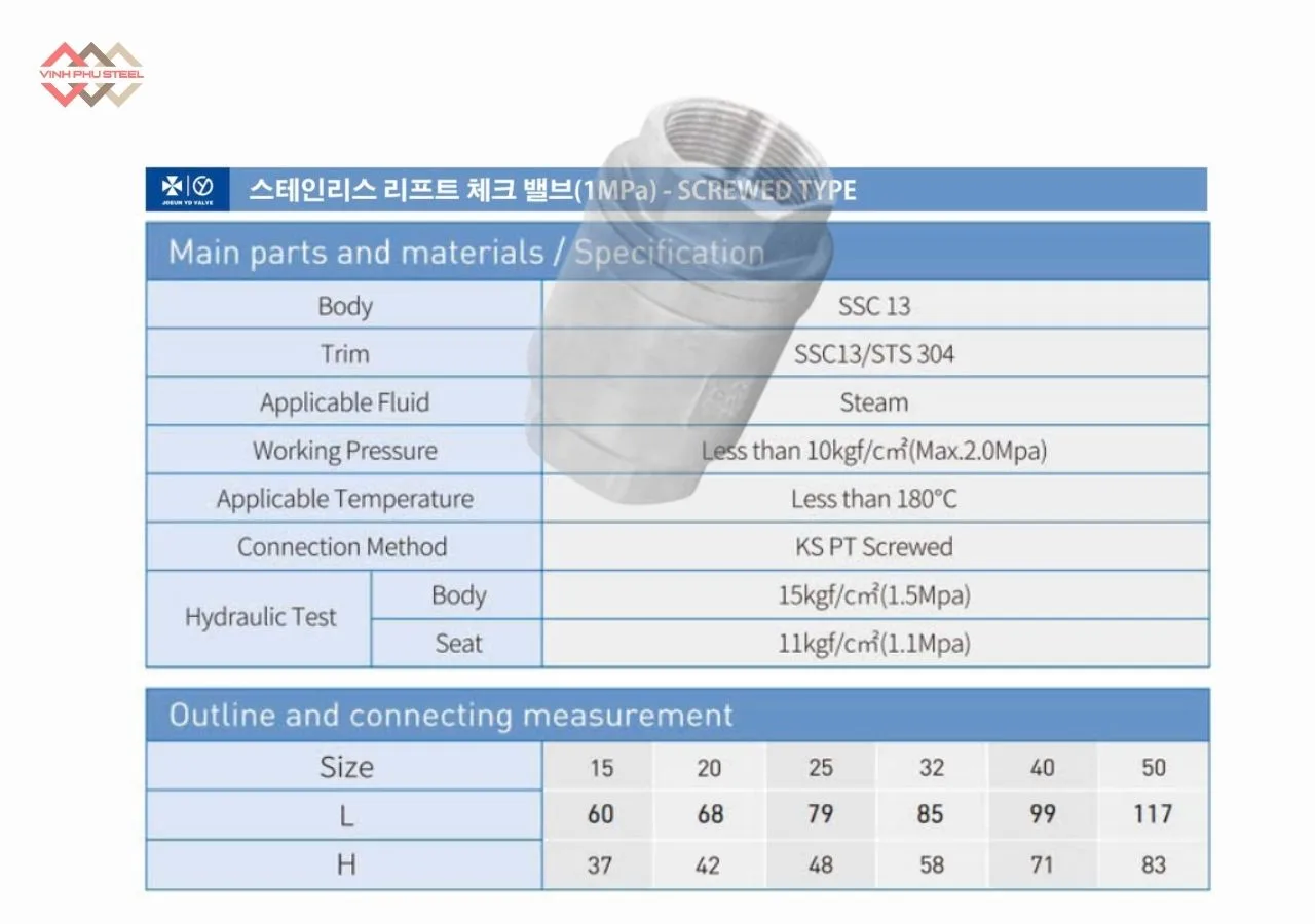 Thông Số Van Một Chiều Dạng Nâng Joeun Korea