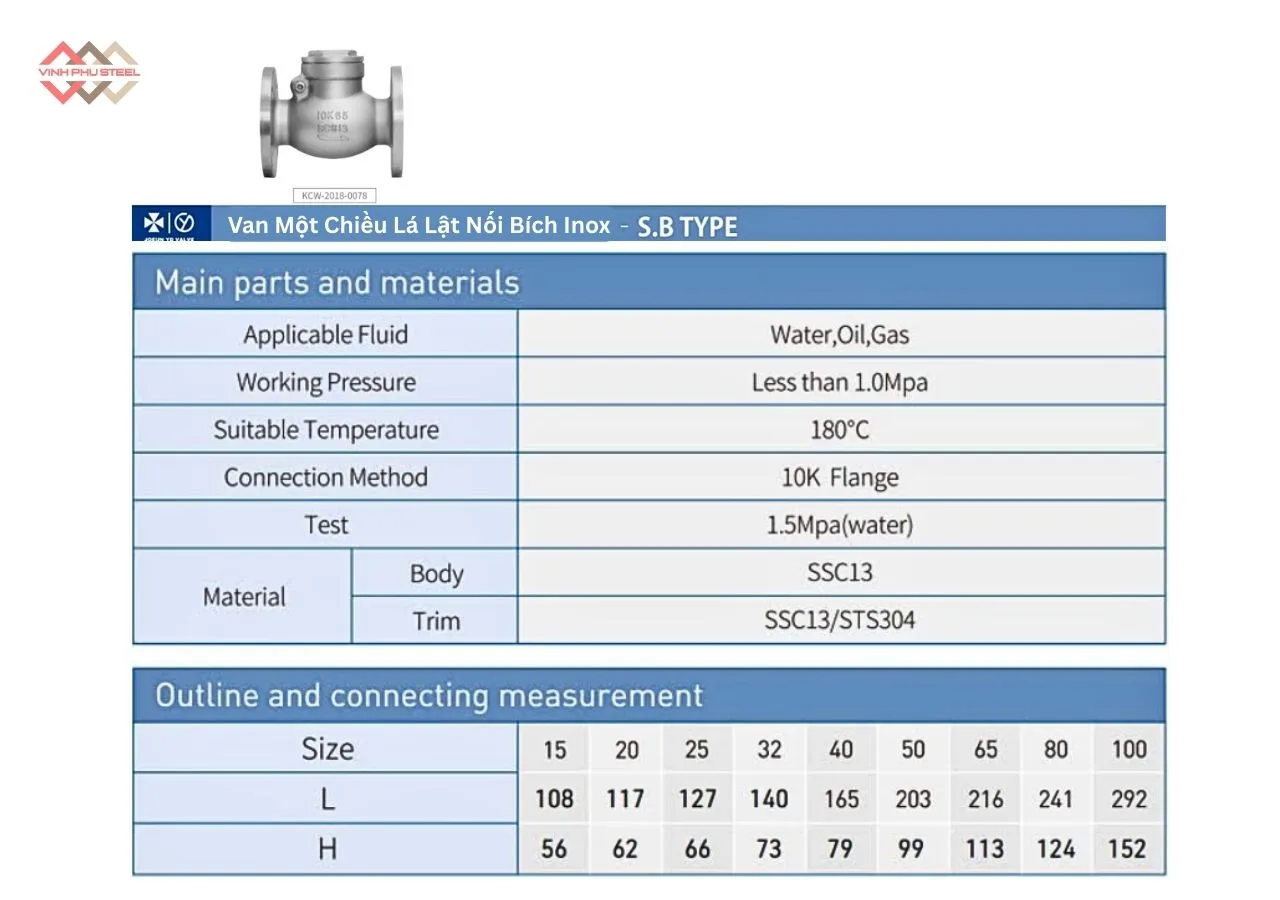 Thông Số Van Một Chiều Lá Lật Inox Nối Bích Joeun Korea