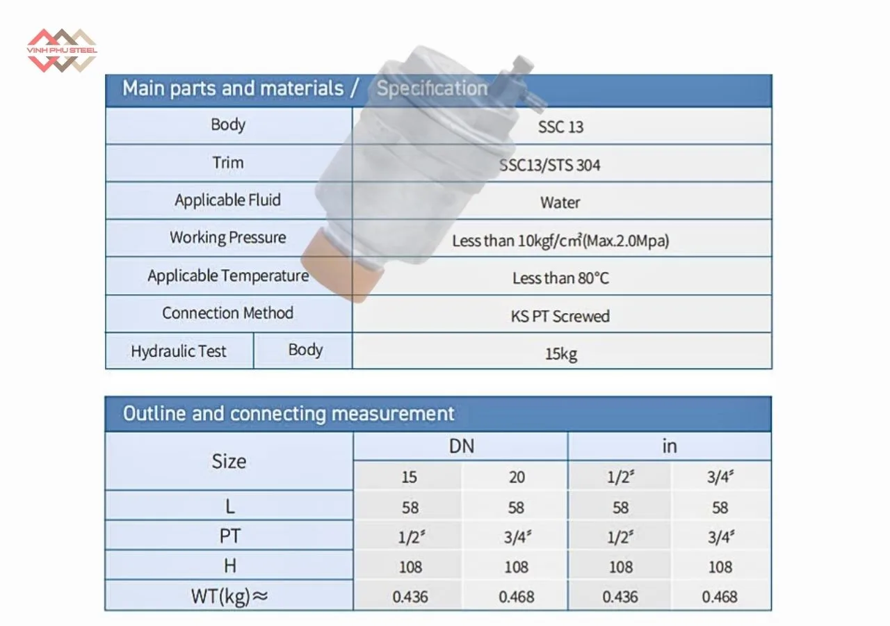 Thông Số Van xả Khí Nối Ren Inox Joeun Korea