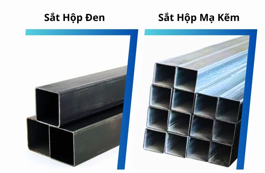 Sự khác biệt rõ rệt giữa sắt hộp đen (trái) và sắt hộp mạ kẽm (phải) về màu sắc và khả năng chống ăn mòn.