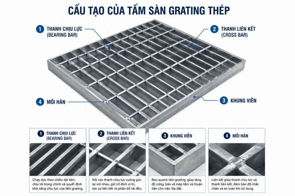 Cấu tạo chính tấm sàn Grating thép