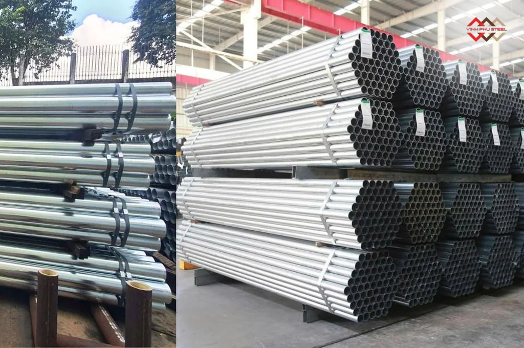 Ống thép mạ kẽm nhúng nóng xếp tại kho Thép Vinh Phú Hà Nội