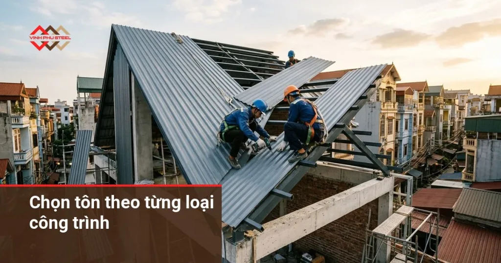 Thợ lợp tấm tôn sóng lên mái dốc của một ngôi nhà phố ở Hà Nội, ảnh minh họa dựng bằng AI