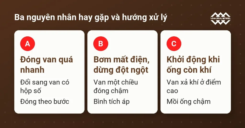 Ba thẻ nguyên nhân búa nước: đóng van quá nhanh, bơm dừng đột ngột, khởi động khi ống còn khí, kèm hướng xử lý