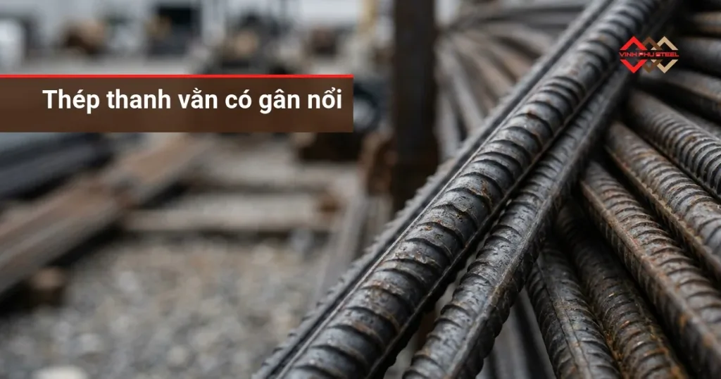 Cận cảnh các thanh thép thanh vằn nằm cạnh nhau với gân ngang nổi trên bề mặt thép