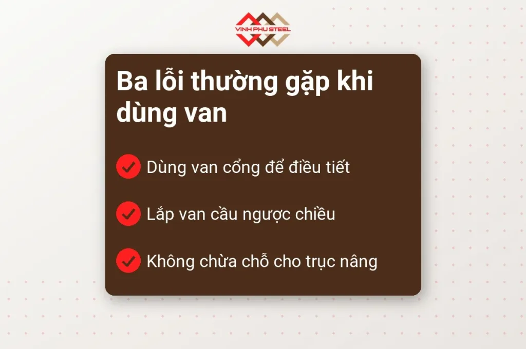 Danh sách ba lỗi thường gặp khi dùng van cổng và van cầu: điều tiết, lắp ngược chiều, thiếu chỗ cho trục nâng