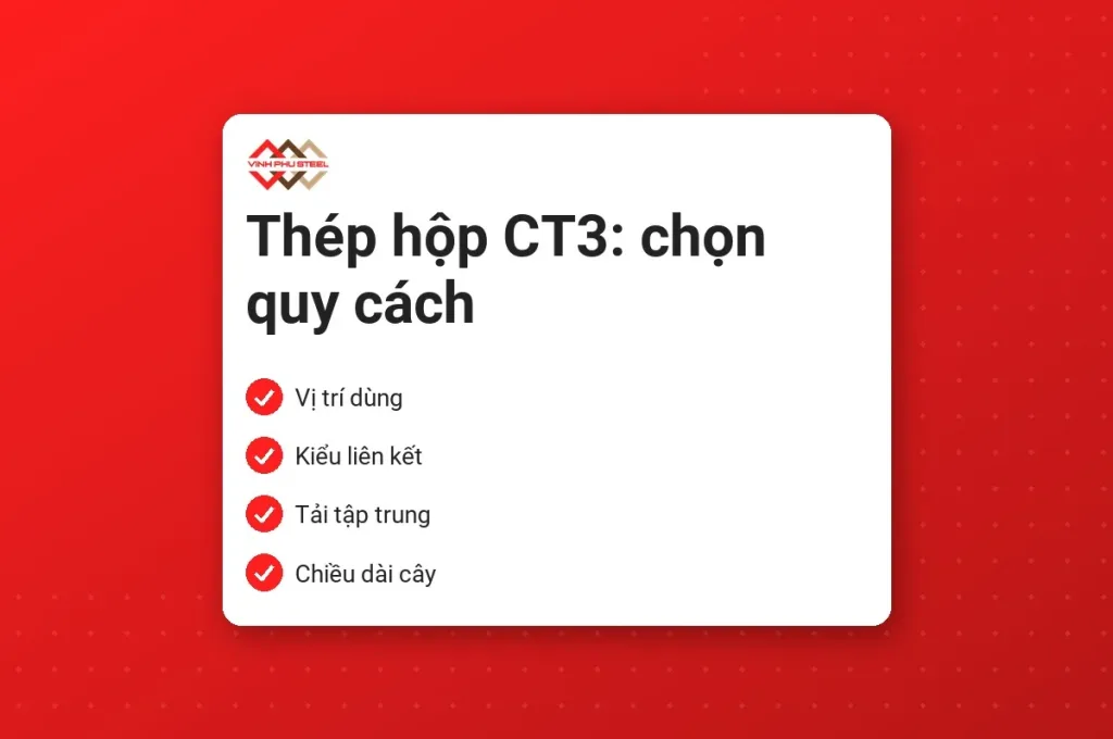 Thẻ tóm tắt bốn tiêu chí chốt quy cách thép hộp CT3: vị trí dùng, kiểu liên kết, tải tập trung, chiều dài cây