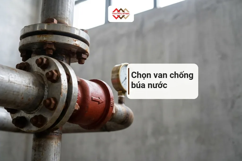 Hình minh hoạ cận cảnh mối nối bích, van một chiều và đồng hồ áp trên đường ống trong phòng bơm
