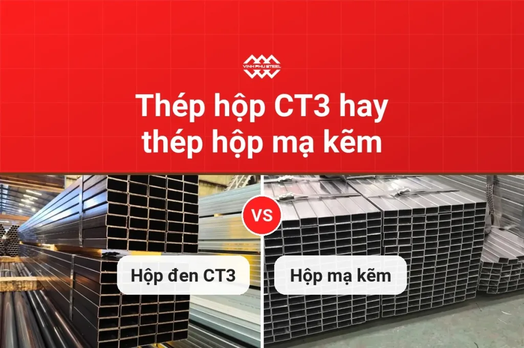 So sánh hai bó thép hộp trong kho: hộp đen CT3 bên trái và hộp mạ kẽm bên phải