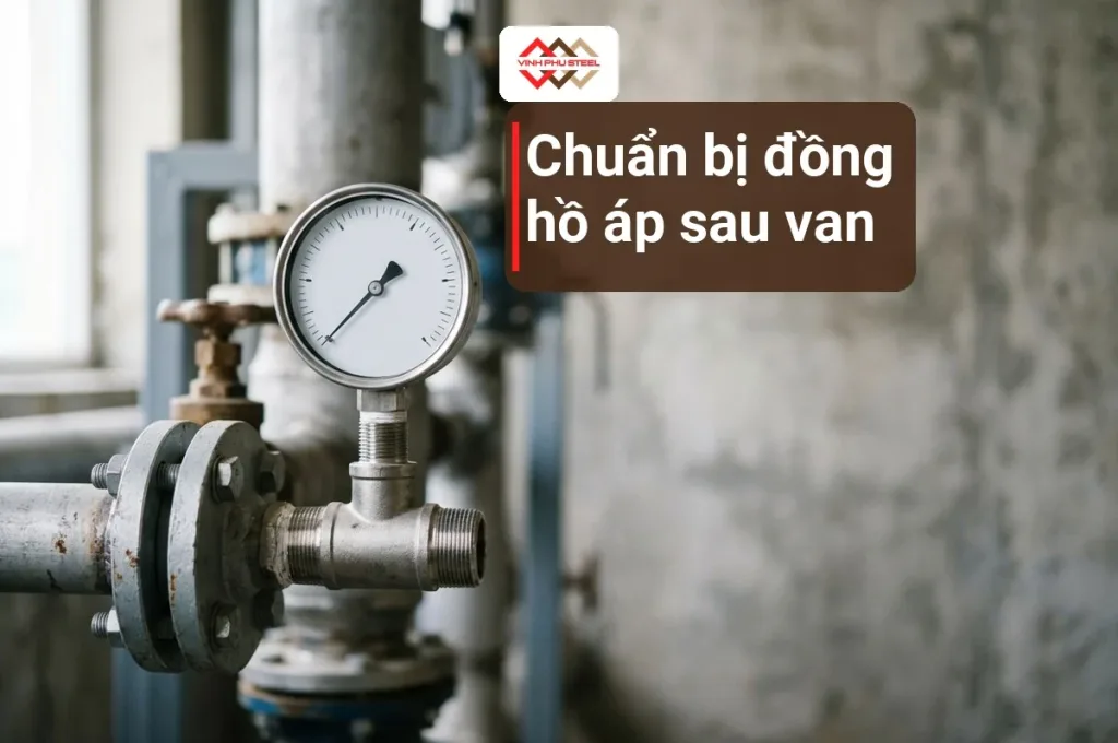 Ảnh minh họa đồng hồ áp gắn trên ống nước trong phòng bơm, cần có trước khi chỉnh van giảm áp