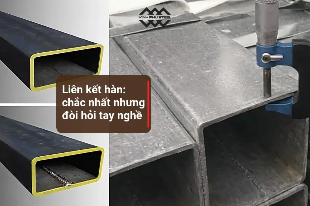 Đo độ dày thành ống thép hộp bằng pan me, so sánh mặt cắt ống có mối hàn bên trong để chọn liên kết hàn