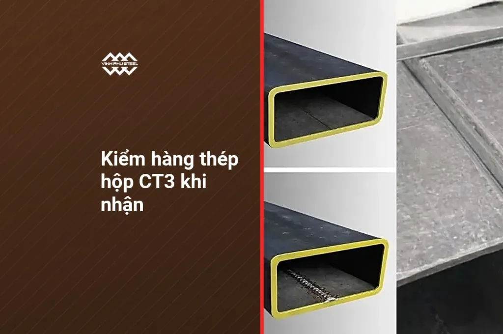 Mặt cắt thép hộp chữ nhật cho thấy độ dày thành và đường hàn dọc thân, cần kiểm khi nhận hàng