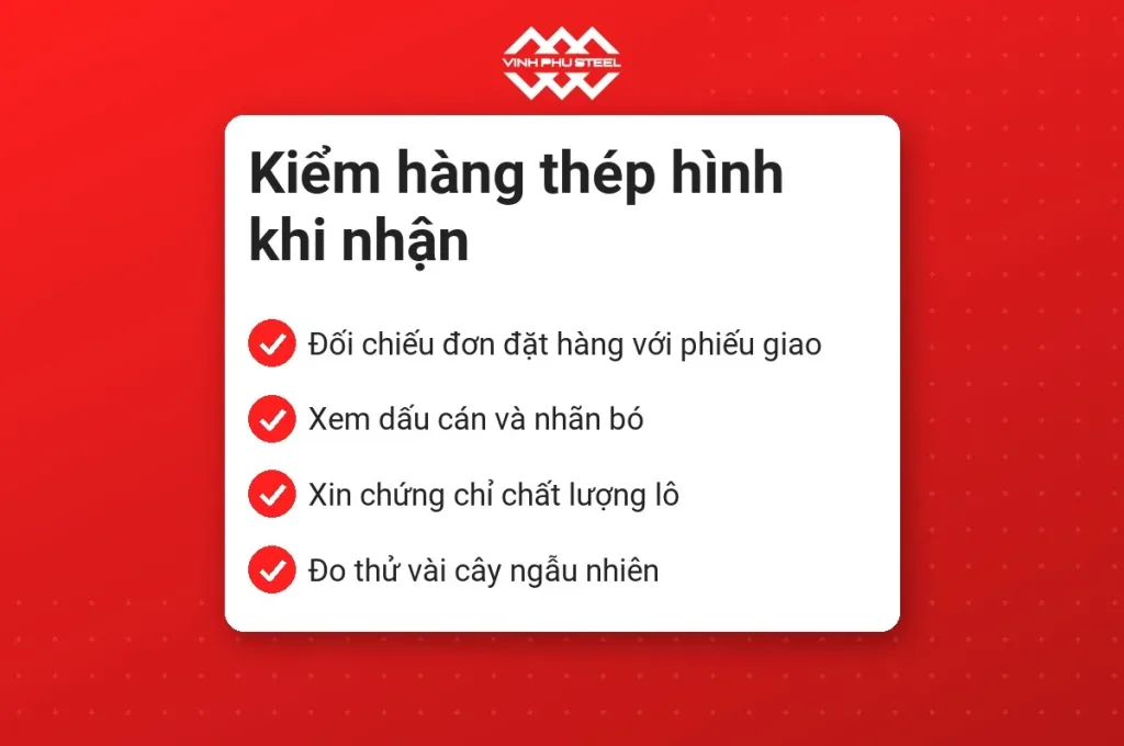 Sơ đồ bốn trong sáu bước kiểm thép hình khi nhận hàng: đối chiếu phiếu giao, xem nhãn bó, xin chứng chỉ lô, đo thử