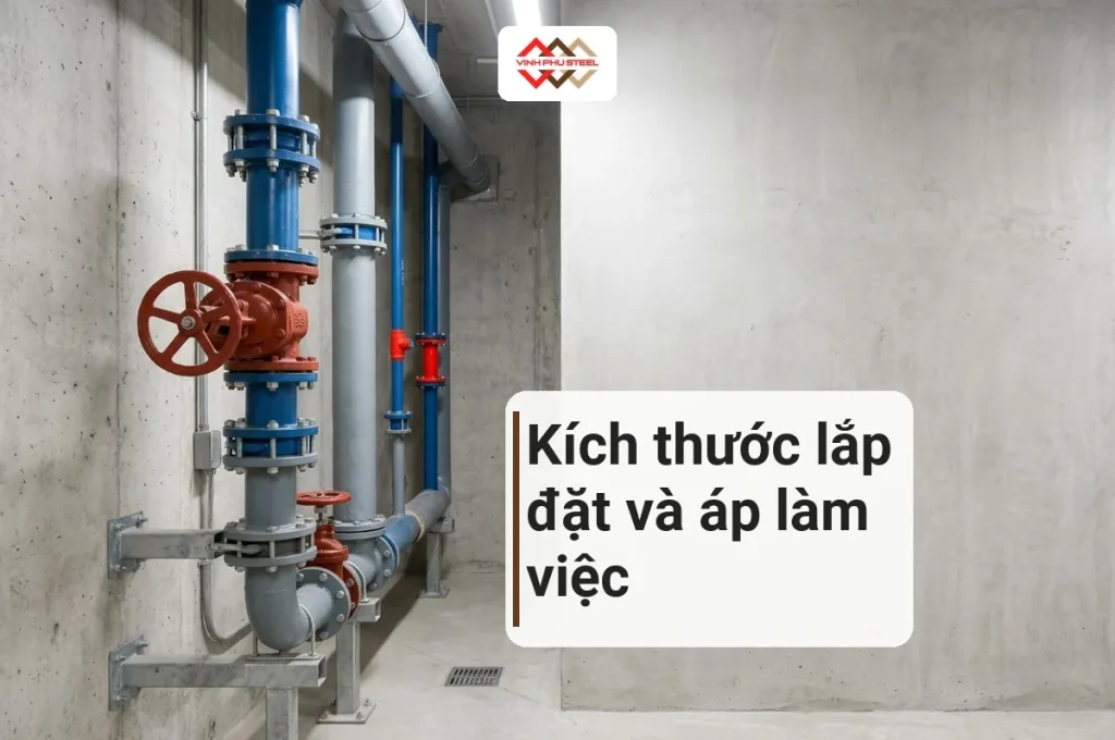 Tuyến ống thép sơn màu có van tay quay và mối nối bích trong phòng kỹ thuật, ảnh minh hoạ bố trí van