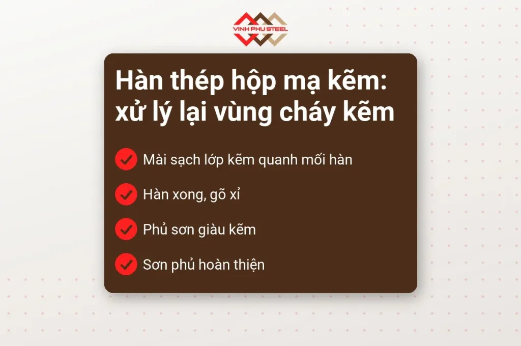 Danh sách bốn bước xử lý vùng hàn thép hộp mạ kẽm: mài lớp kẽm, gõ xỉ, phủ sơn giàu kẽm, sơn hoàn thiện