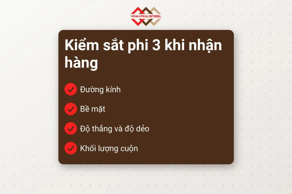 Danh sách bốn việc kiểm sắt phi 3 khi nhận hàng: đường kính, bề mặt, độ thẳng và độ dẻo, khối lượng cuộn