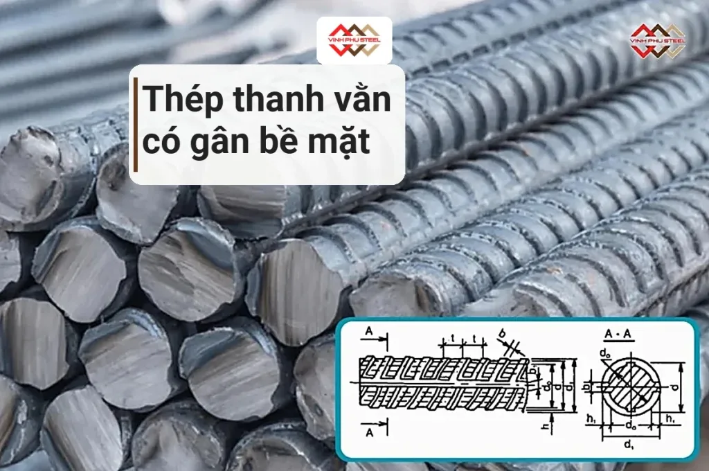 Bó thép thanh vằn làm cốt bê tông, bề mặt có gân ngang và gân dọc, kèm sơ đồ kích thước gân theo TCVN 1651-2:2018