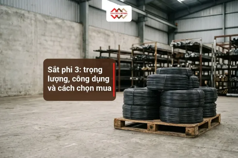 Cuộn dây thép tròn nhỏ xếp trên pallet trong kho thép, ảnh minh hoạ cho bài sắt phi 3