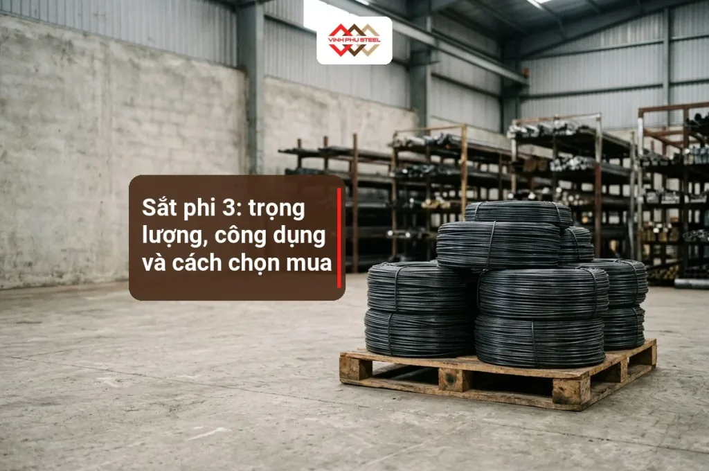 Cuộn dây thép tròn nhỏ xếp trên pallet trong kho thép, ảnh minh hoạ cho bài sắt phi 3