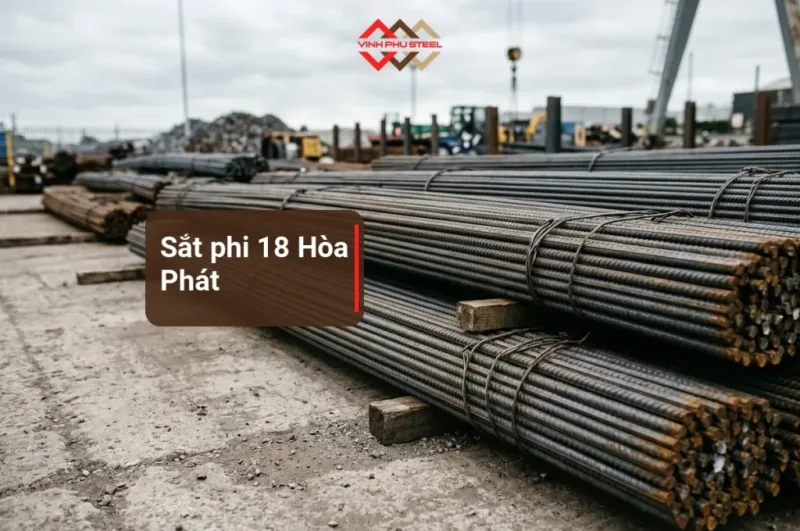 Ảnh minh hoạ các bó thép thanh vằn có gân xếp trong bãi thép, làm nền cho bài giá sắt phi 18 Hòa Phát
