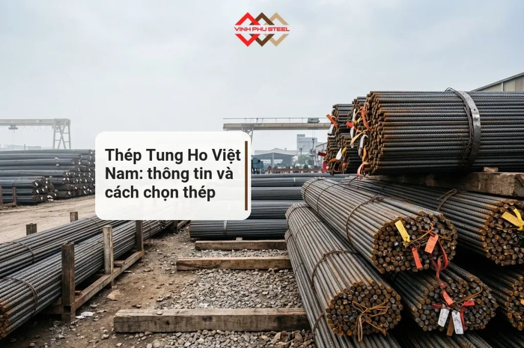 Bãi chứa thép thanh vằn bó gọn xếp chồng ngoài trời, minh hoạ bài về Công ty TNHH Thép Tung Ho Việt Nam
