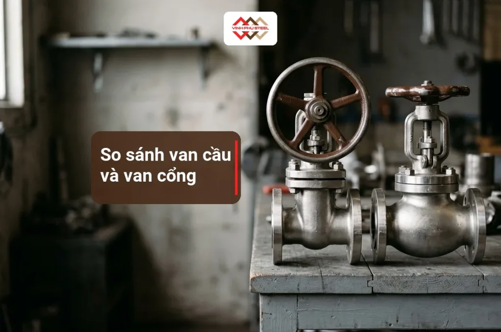 Van cổng tay quay và van cầu thân tròn đặt cạnh nhau trên bàn xưởng, minh hoạ so sánh van cầu và van cổng