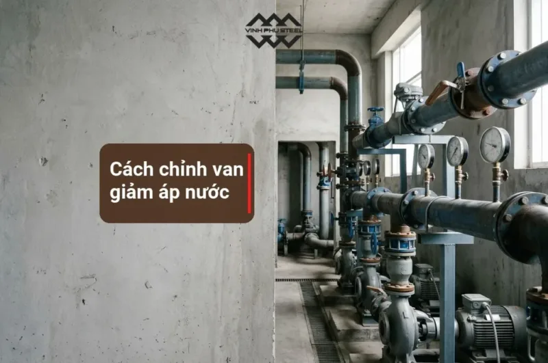Phòng bơm cấp nước có đường ống thép và đồng hồ áp, tiêu đề cách chỉnh van giảm áp nước (ảnh minh họa)
