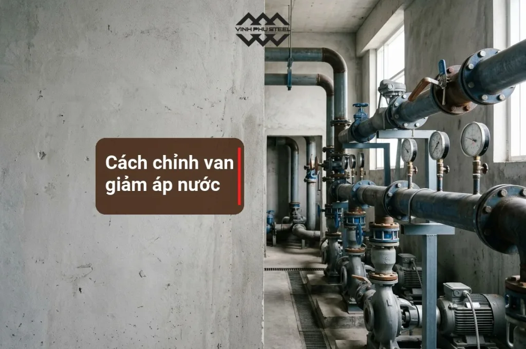 Phòng bơm cấp nước có đường ống thép và đồng hồ áp, tiêu đề cách chỉnh van giảm áp nước (ảnh minh họa)