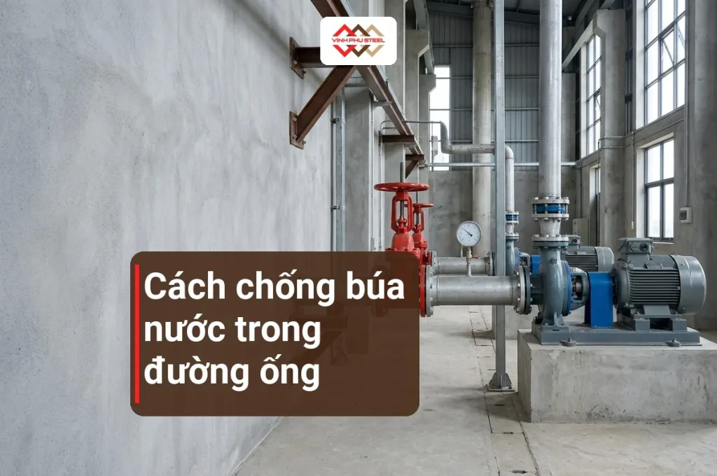 Phòng bơm có đường ống thép, van cổng đỏ và đồng hồ áp, tiêu đề cách chống búa nước trong đường ống