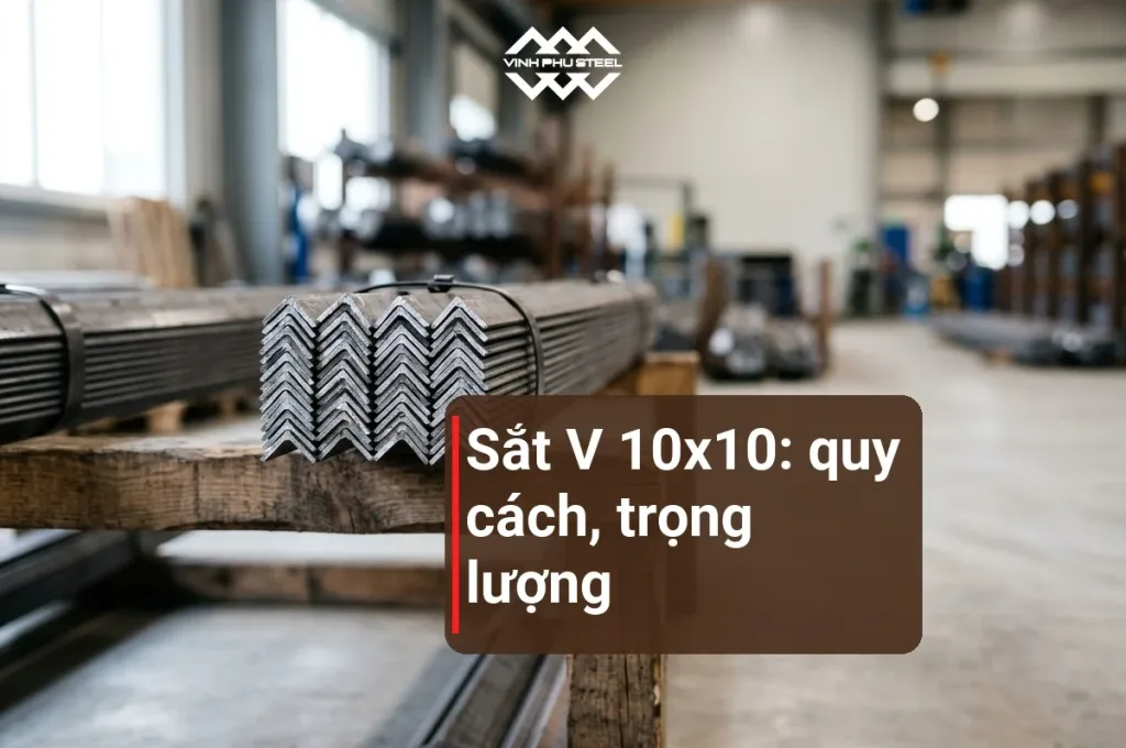 Bó thép góc chữ V xếp chồng trên giá gỗ trong kho, tiêu đề bài sắt V 10x10; ảnh nền minh hoạ
