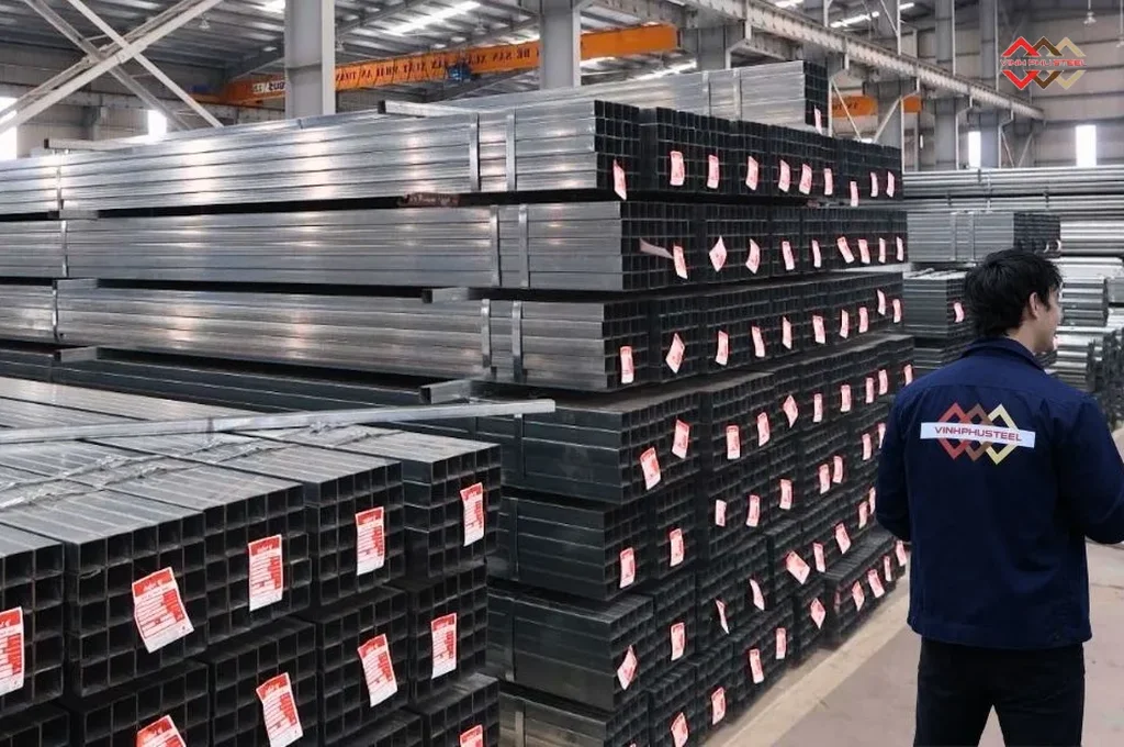 Nhân viên Thép Vinh Phú kiểm tra lô thép hộp đen và thép hộp mạ kẽm Hòa Phát tại kho Hà Nội