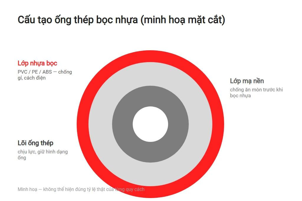 Sơ đồ mặt cắt cấu tạo ống thép bọc nhựa: lõi thép, lớp mạ nền, lớp nhựa PVC/PE/ABS bọc ngoài
